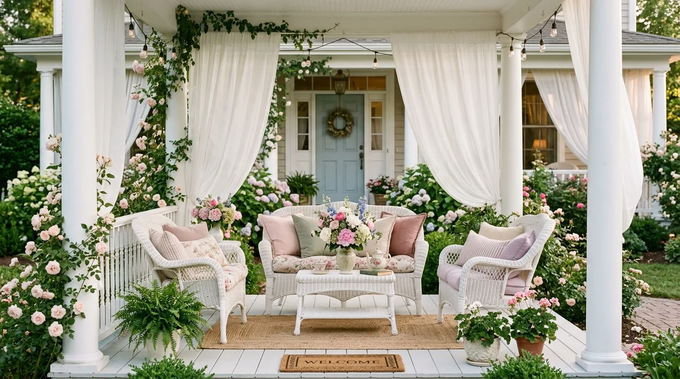 Elegant porch with white furniture, pastel cushions, floral arrangements, and flowing curtains
