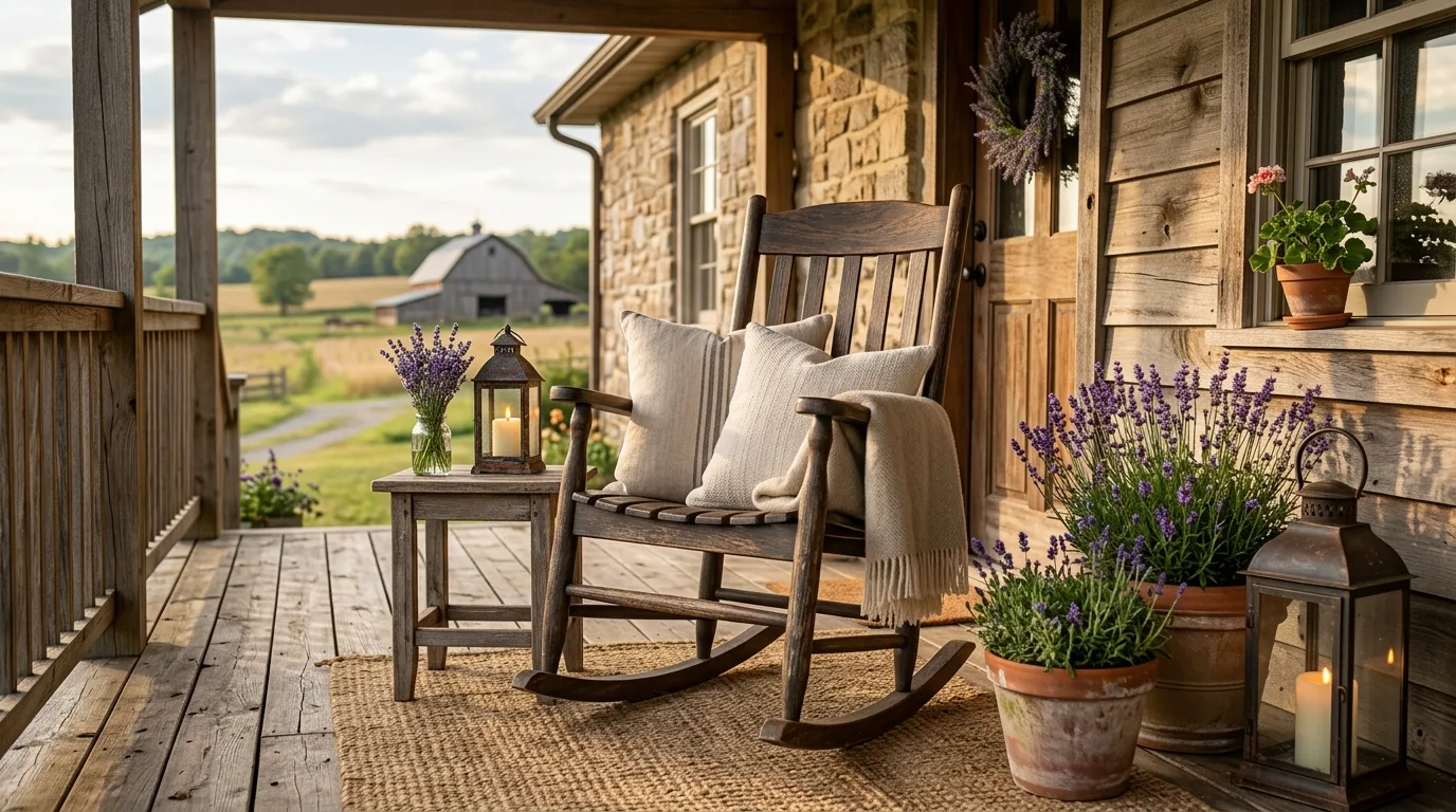 Farmhouse porch with wooden rocking chair, lanterns, and potted lavender