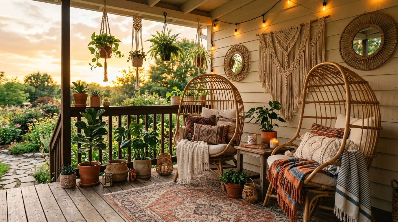 Boho style porch with woven chairs, patterned cushions, macrame, and greenery
