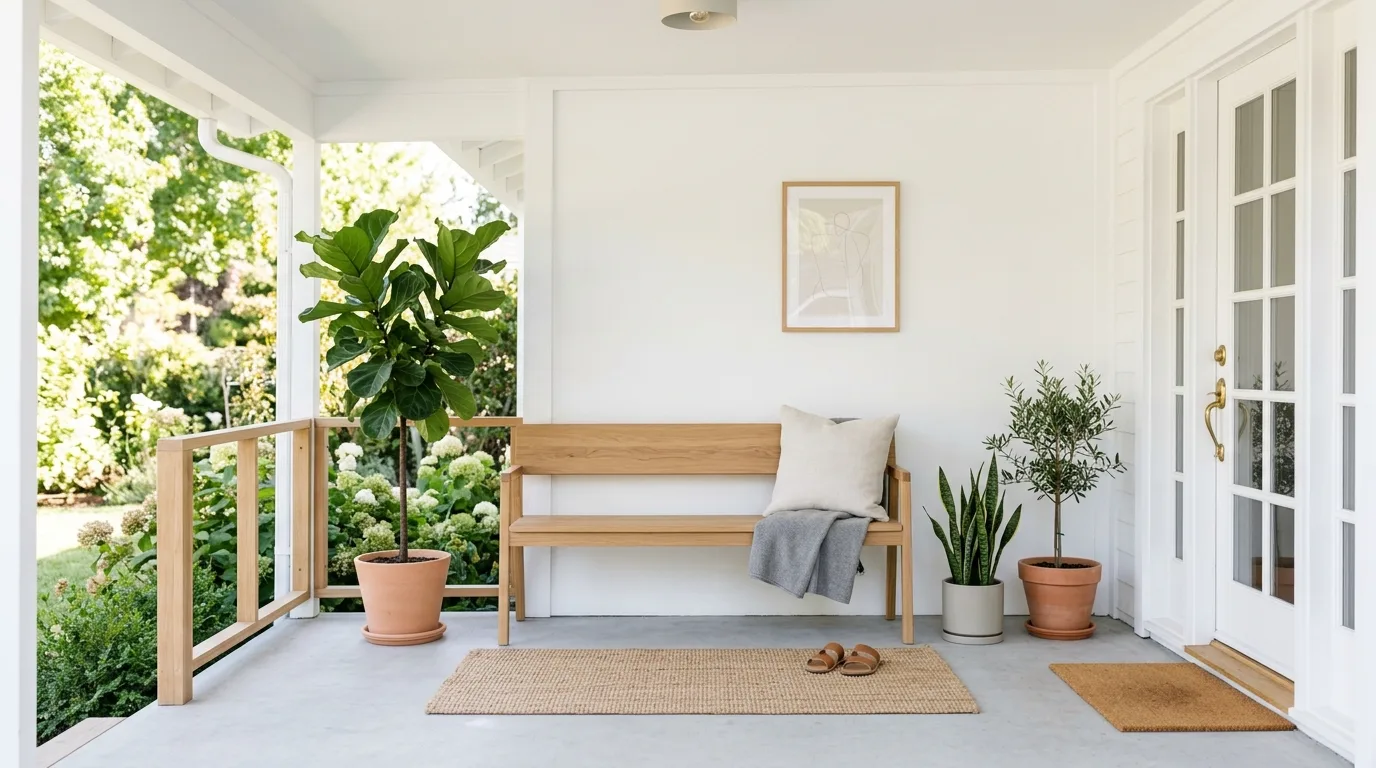 Minimalist porch with simple bench, neutral decor, and a few green plants