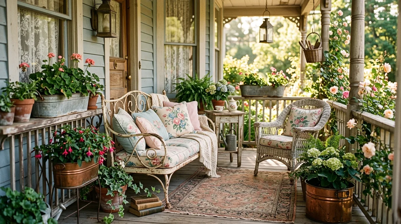 Vintage style porch with antique furniture, floral cushions, and metal planters