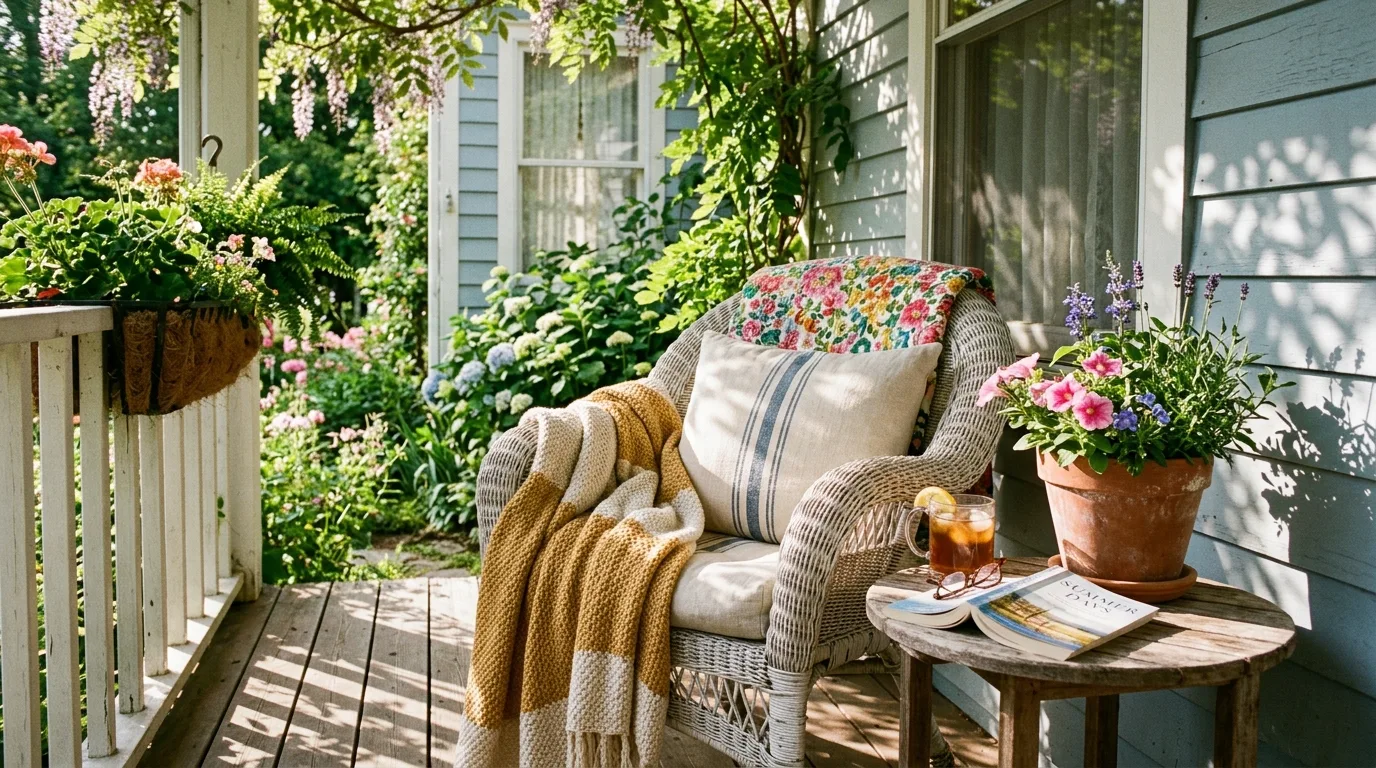 Cozy porch corner with chair, small table, flowers, and throw blanket