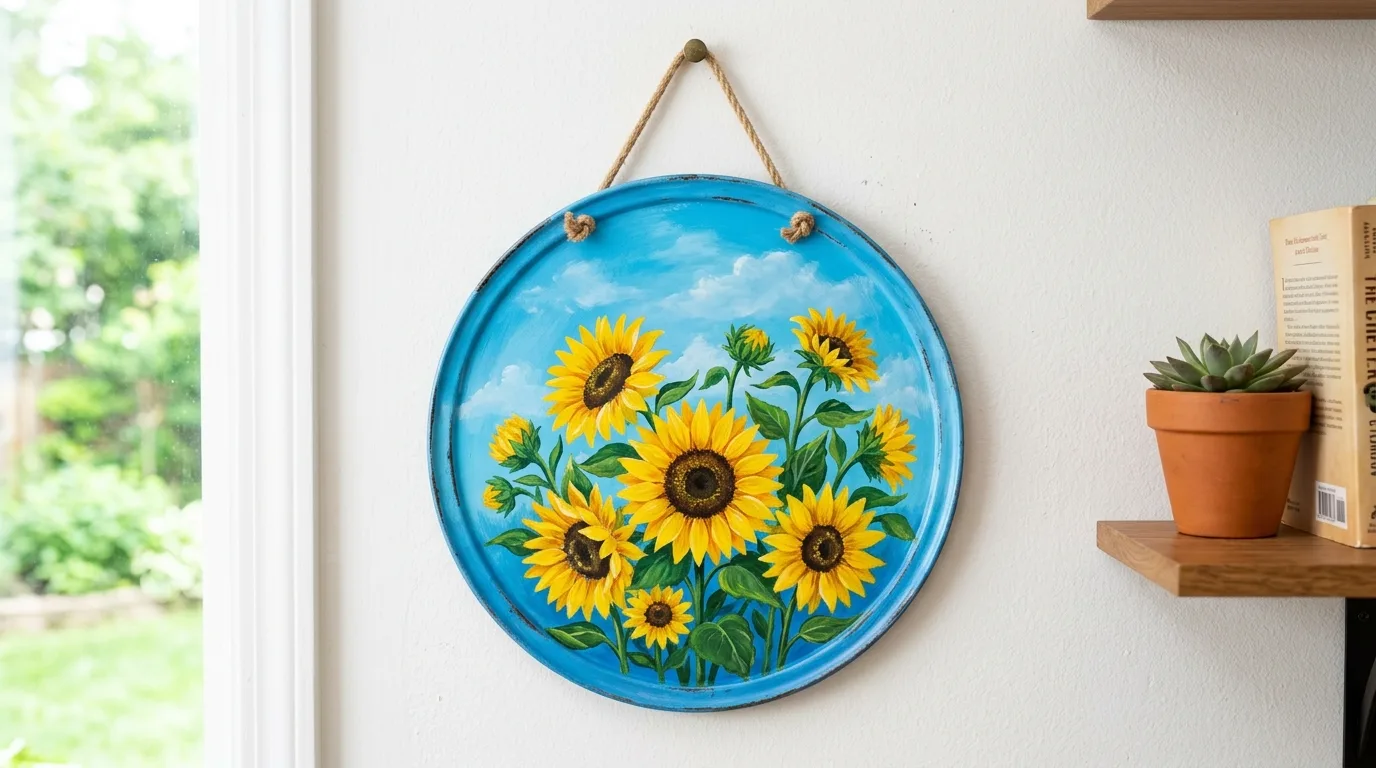 Dollar Tree pizza pan turned into bright summer wall decor