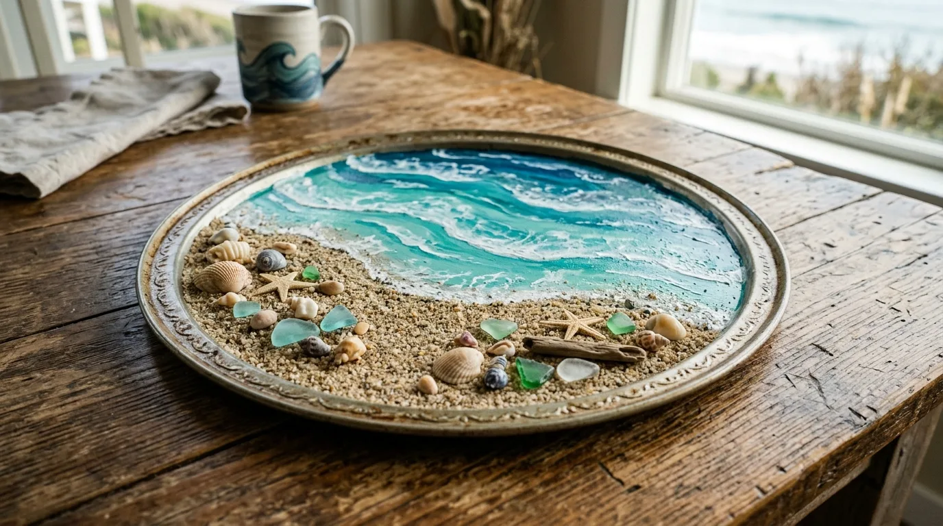 Dollar Tree pizza pan craft with beach theme