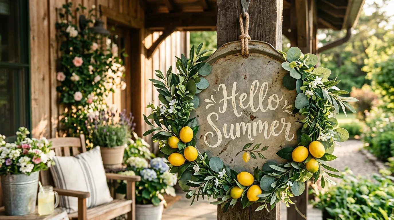 Pizza pan farmhouse sign with Hello Summer lettering
