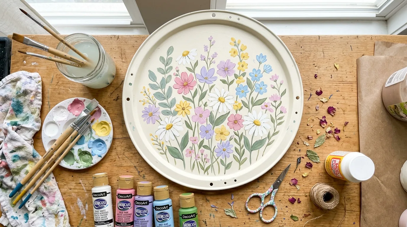 Dollar Tree pizza pan decorated with painted flowers