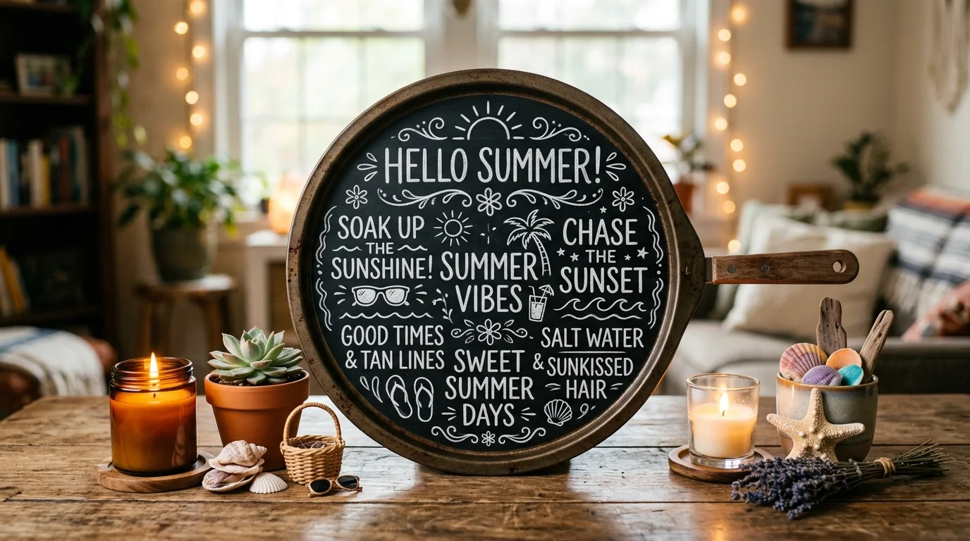 Summer chalkboard pizza pan sign with handwritten quote