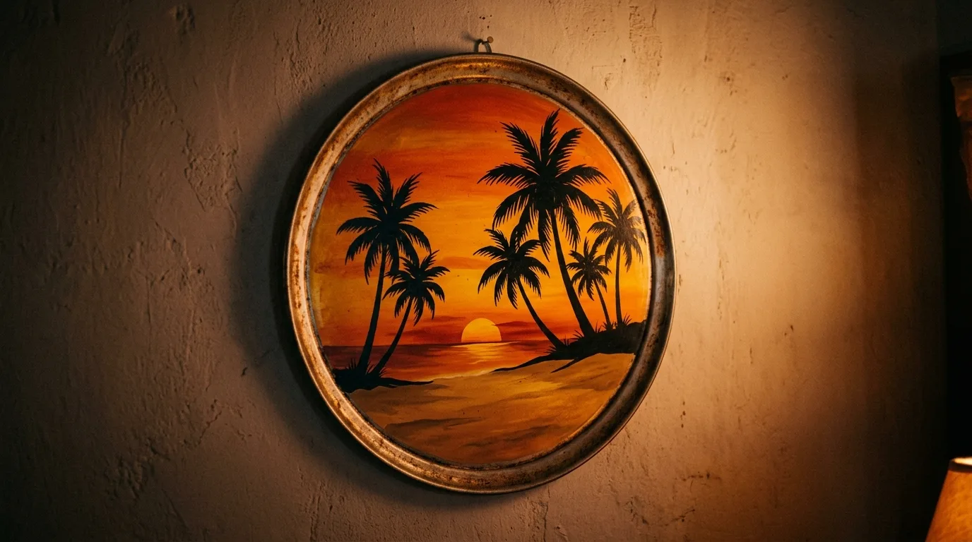 Beach sunset pizza pan craft with palm tree silhouettes