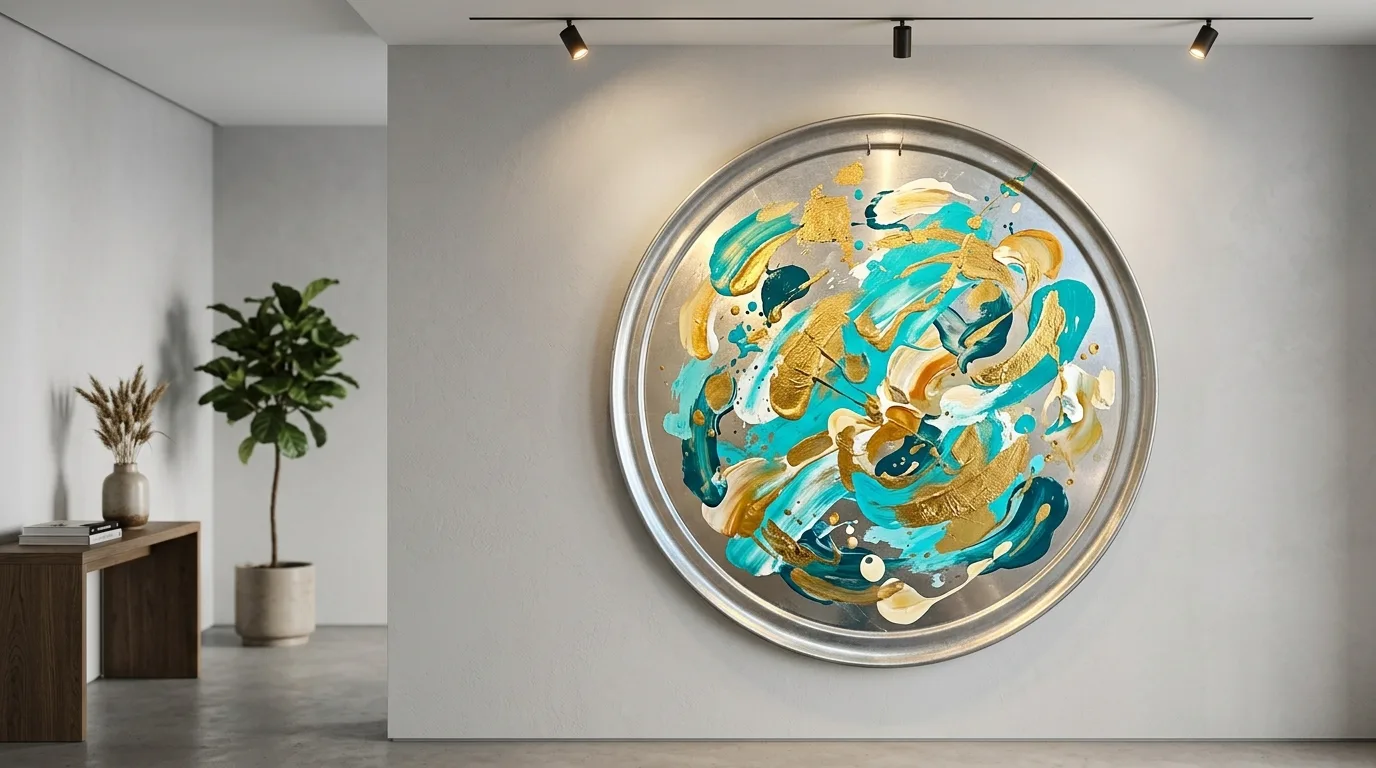 Modern abstract summer art painted on a metallic pizza pan