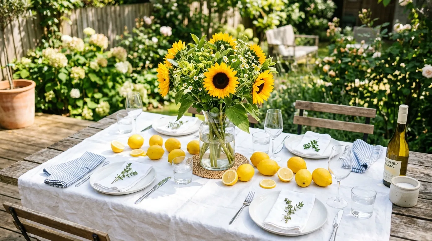 Summer dining table centerpiece with sunflowers and lemons