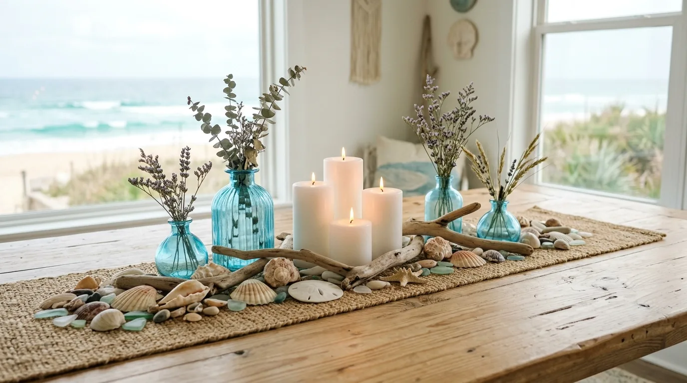 Coastal summer centerpiece with seashells, blue glass vases, candles, and driftwood
