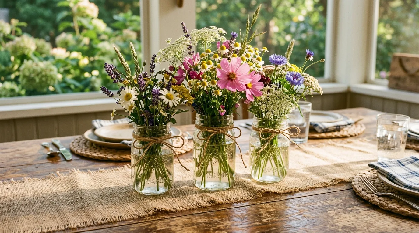 Rustic summer centerpiece with mason jars, wildflowers, and burlap runner