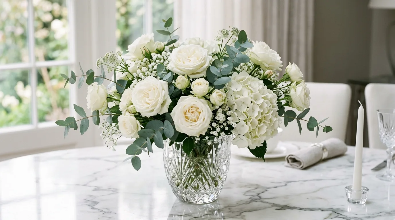 Elegant summer centerpiece with white roses, hydrangeas, and eucalyptus in crystal vase