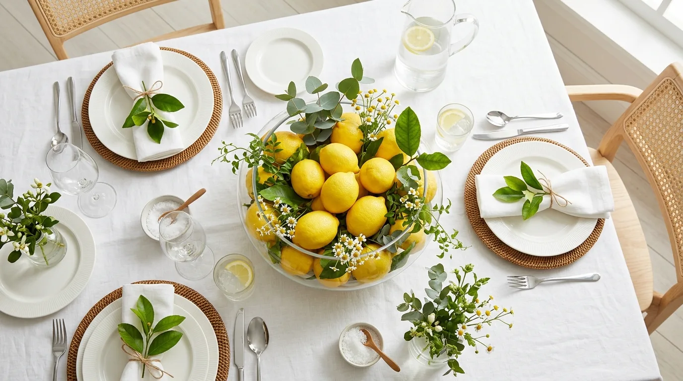 Lemon themed centerpiece with glass bowl of lemons and greenery