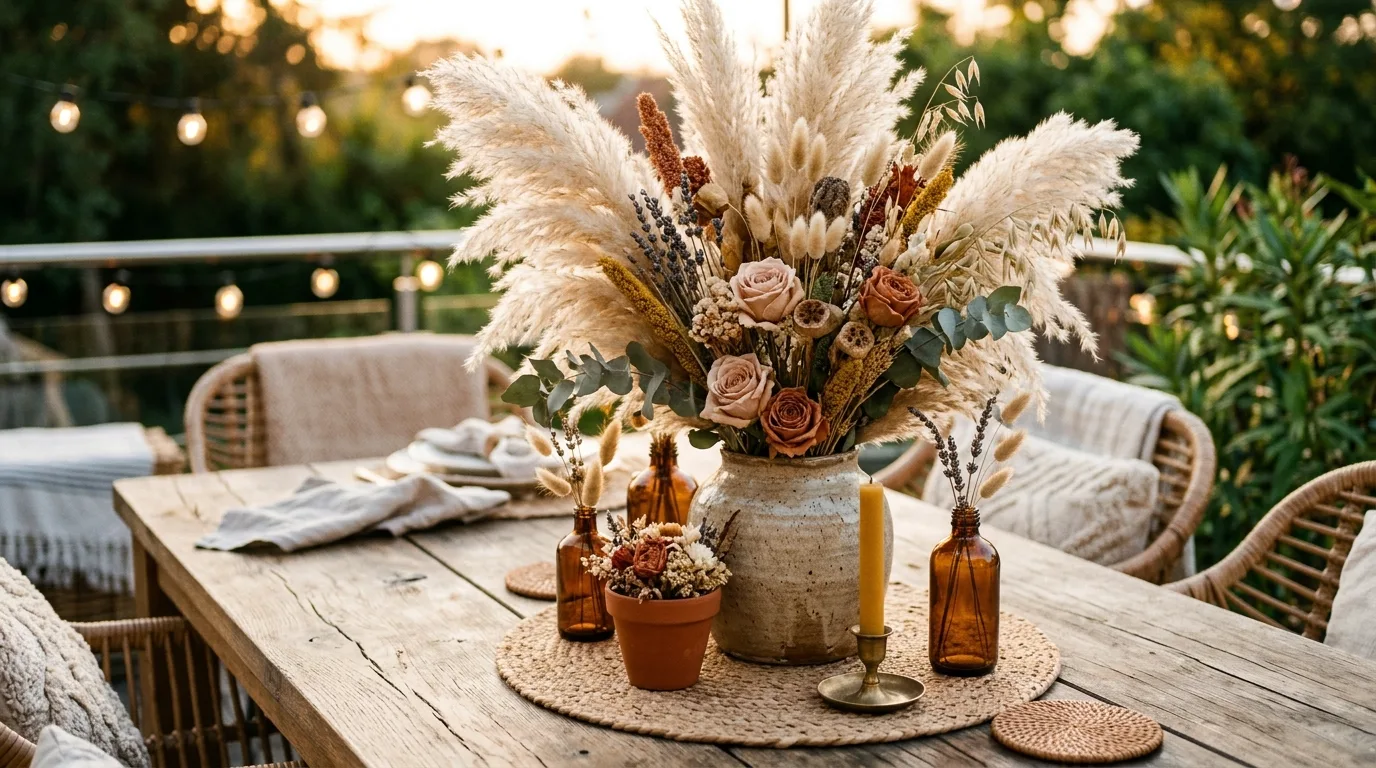 Boho summer centerpiece with pampas grass, dried flowers, and woven textures