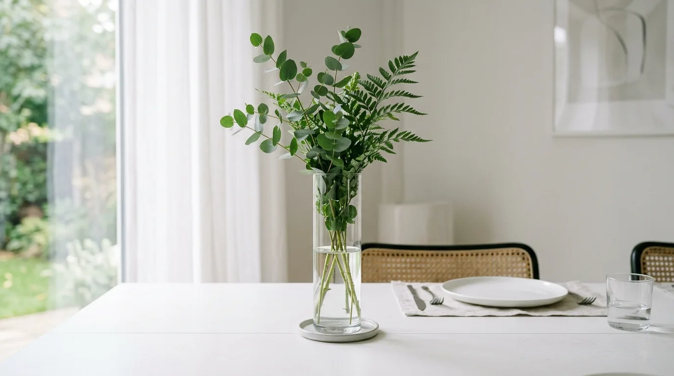 Minimalist summer centerpiece with single tall vase of greenery