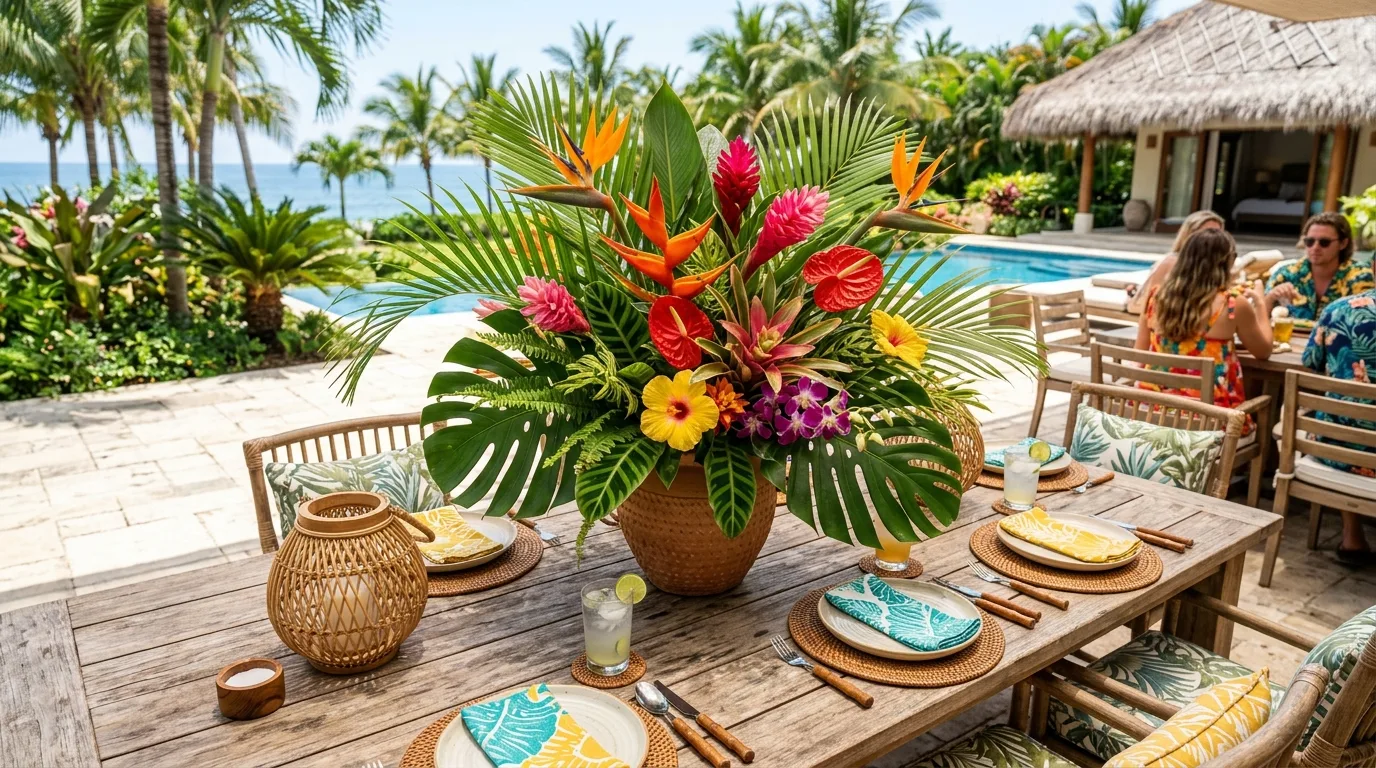 Tropical centerpiece with palm leaves, monstera, and bright flowers