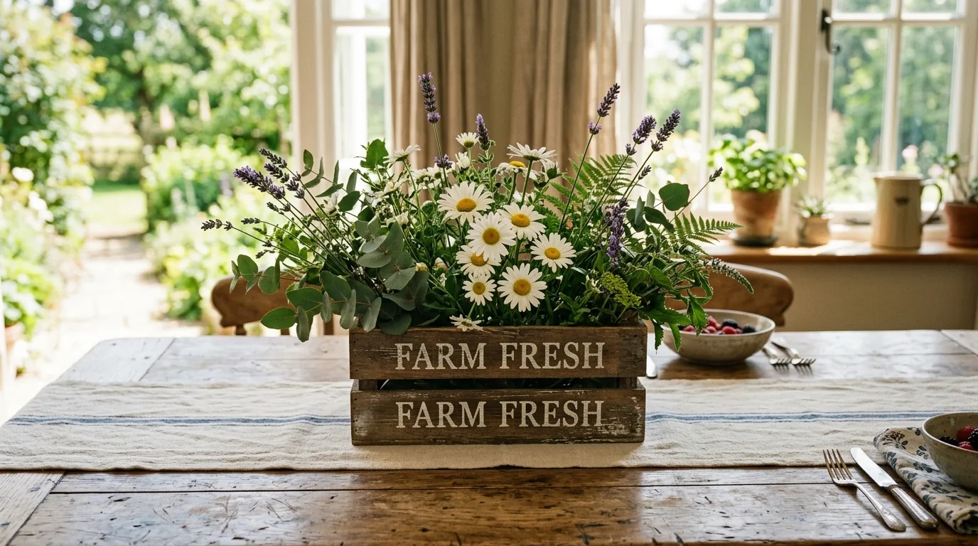 Farmhouse summer centerpiece with wooden crate, daisies, lavender, and greenery