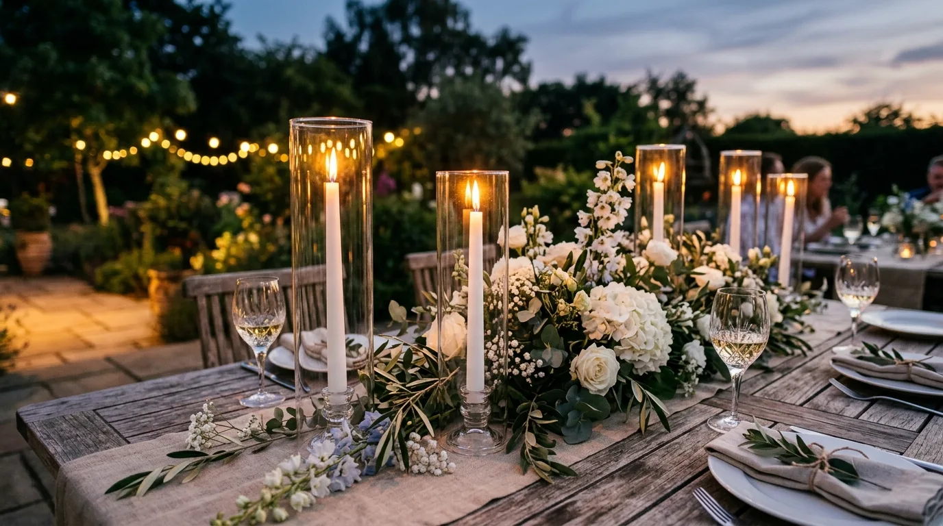 Candlelit summer centerpiece with white candles, floral accents, and evening glow