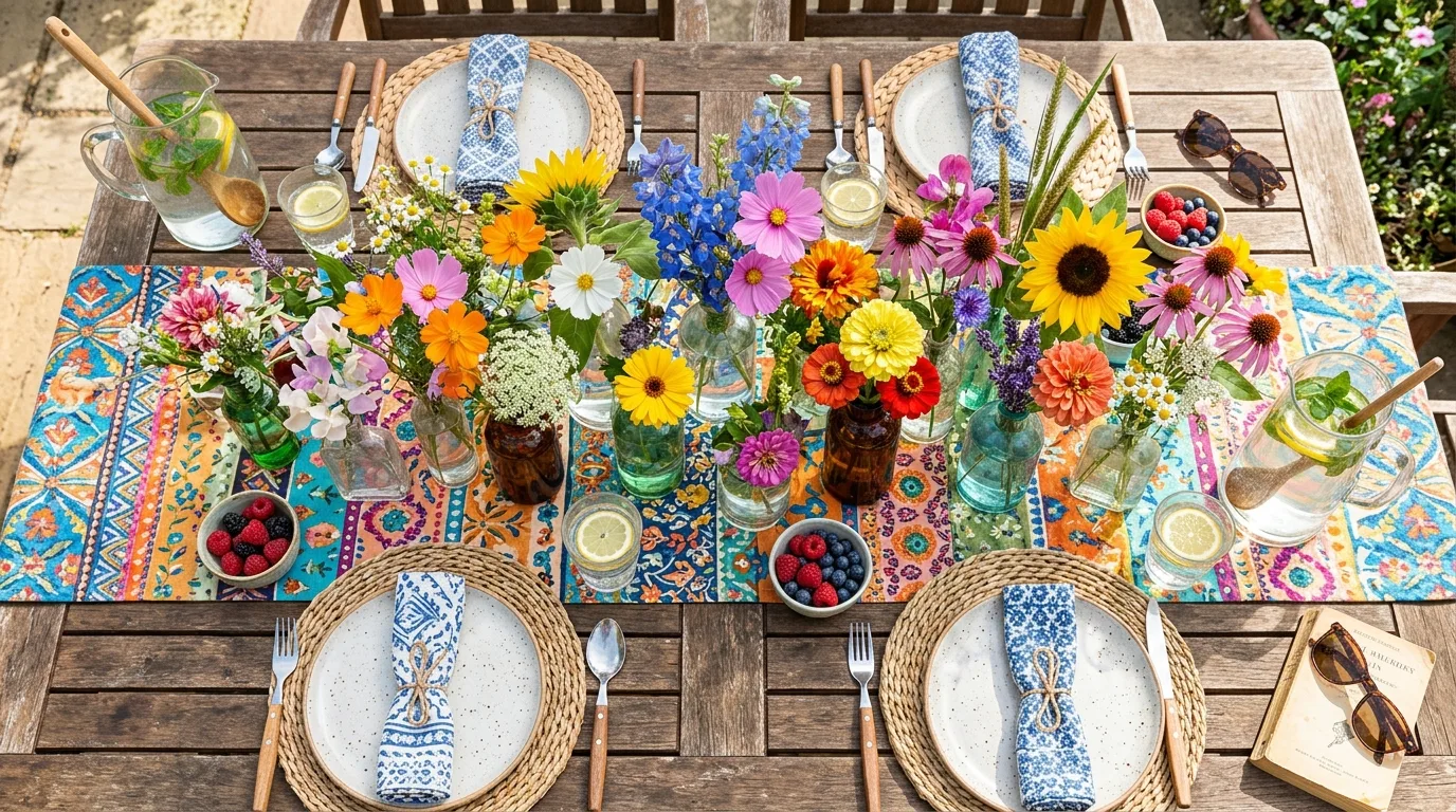 Colorful summer centerpiece with mixed wildflowers in glass bottles