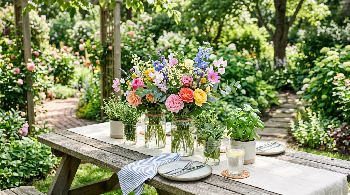 Outdoor garden centerpiece with flowers, herbs, and mason jars on picnic table