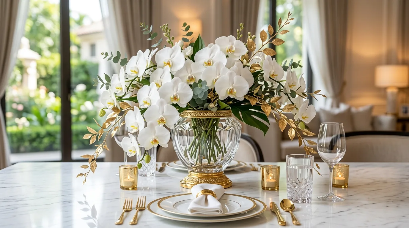 Luxury summer centerpiece with white orchids, crystal vase, and gold accents