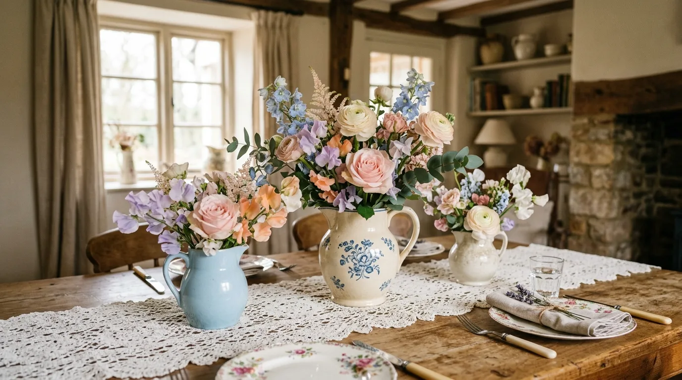 Cottage style centerpiece with pastel flowers in ceramic pitchers