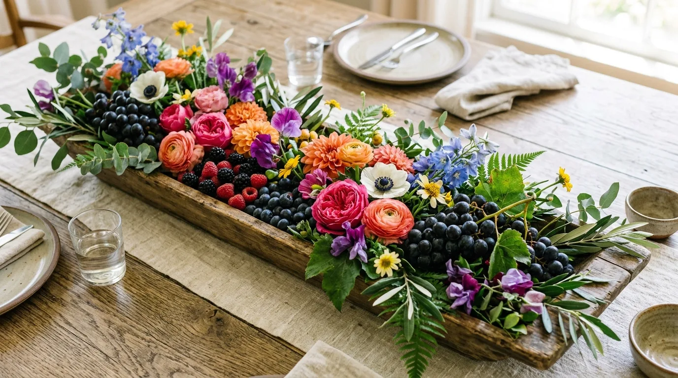 Fruit and floral summer centerpiece with berries, grapes, and seasonal flowers in long tray