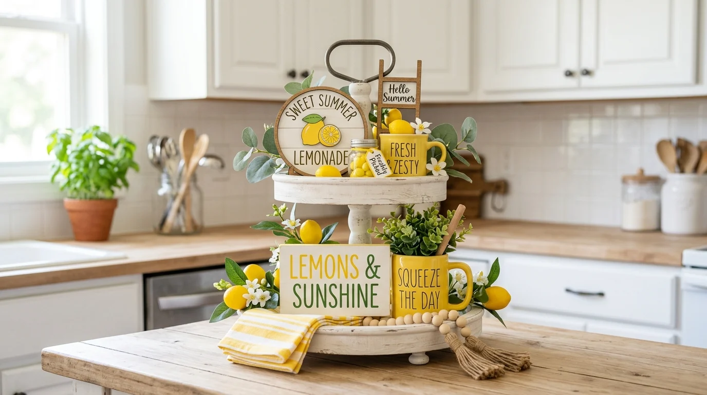 Summer tiered tray with lemon themed decor, yellow mug, and greenery