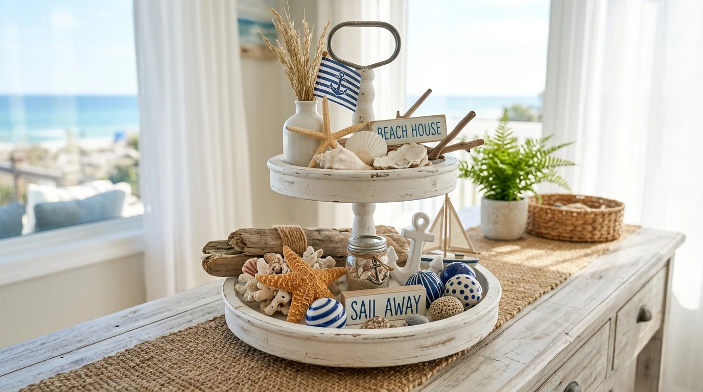 Coastal tiered tray with seashells, starfish, blue and white decor, and driftwood accents