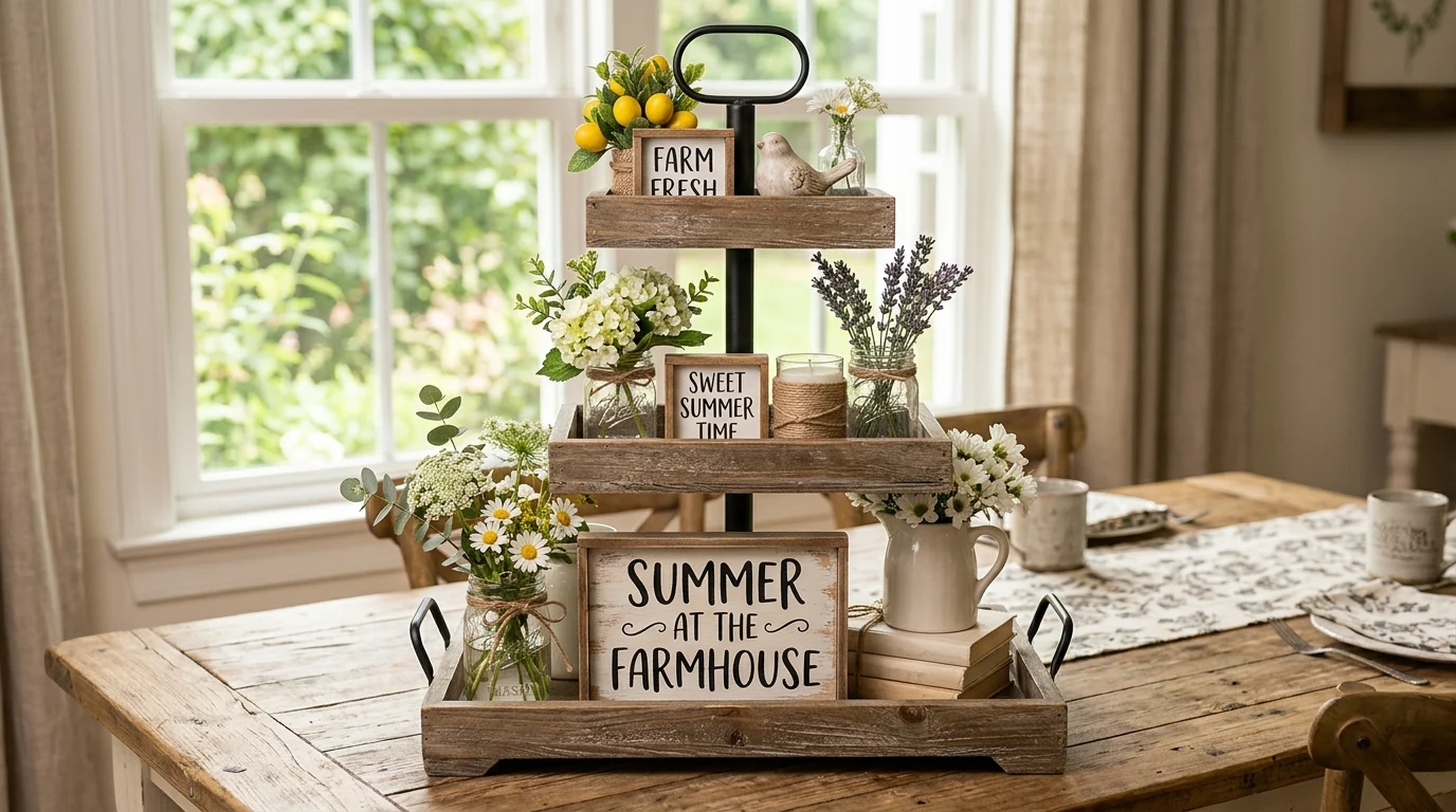 Farmhouse summer tiered tray with mason jars, white flowers, and rustic wood details
