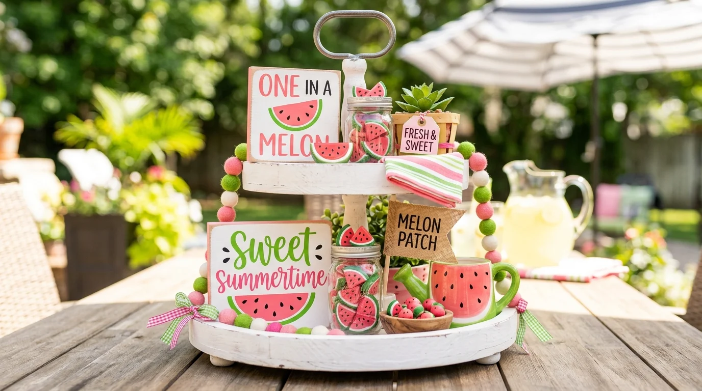 Watermelon themed tiered tray with pink and green decor and mini slices