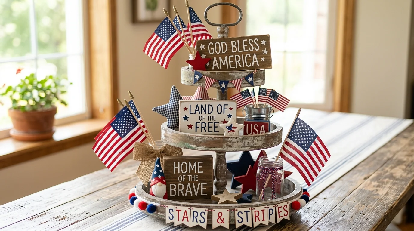 Patriotic tiered tray with mini flags, stars, and rustic summer decor