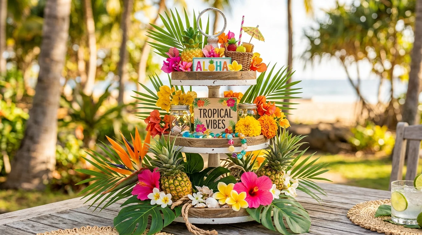 Tropical tiered tray with palm leaves, mini pineapples, and bright floral accents