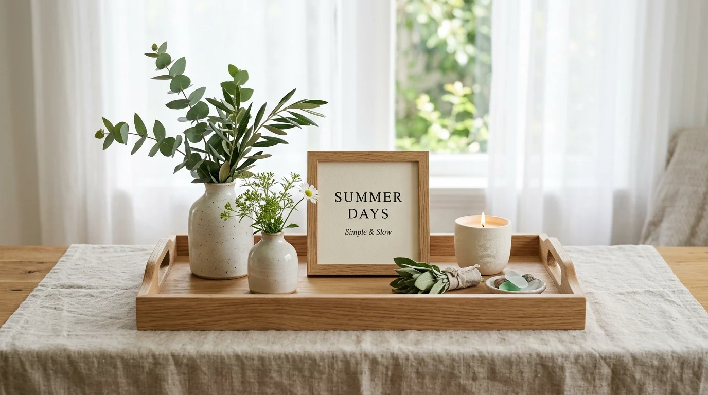 Minimal summer tray with neutral decor, greenery, and simple signs
