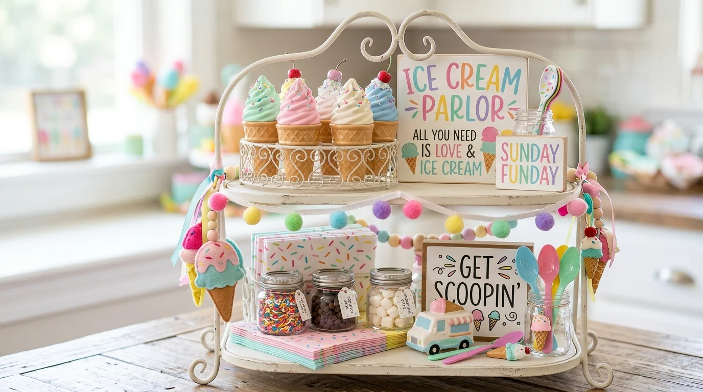 Ice cream theme tiered tray with pastel mini cones and colorful accents