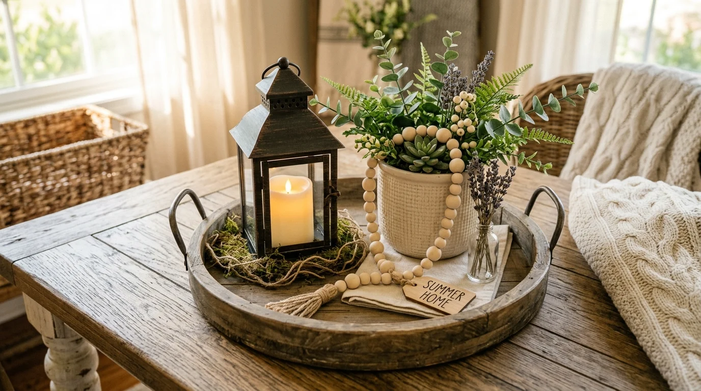 Rustic summer tray with lantern, wood beads, greenery, and neutral tones