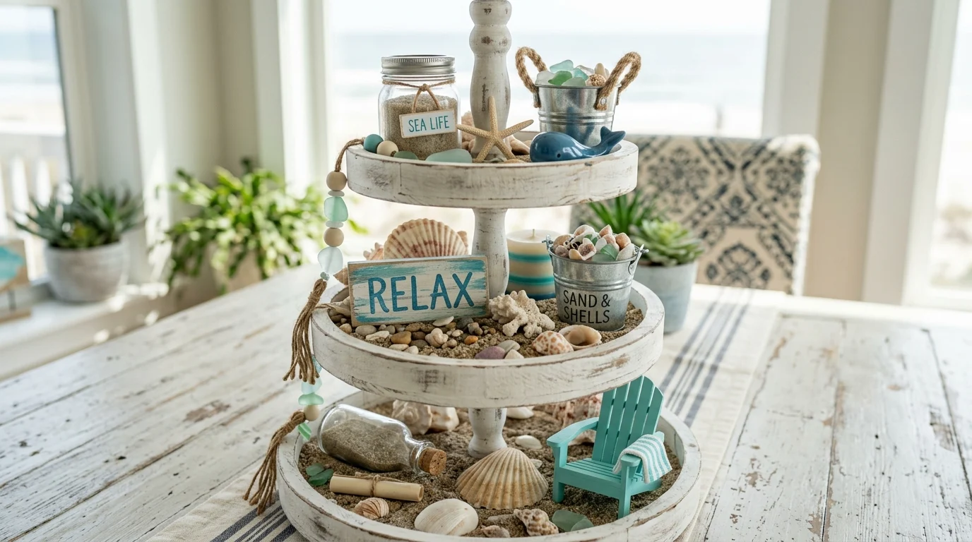 Beach inspired tiered tray with mini buckets, shells, sand elements, and blue tones