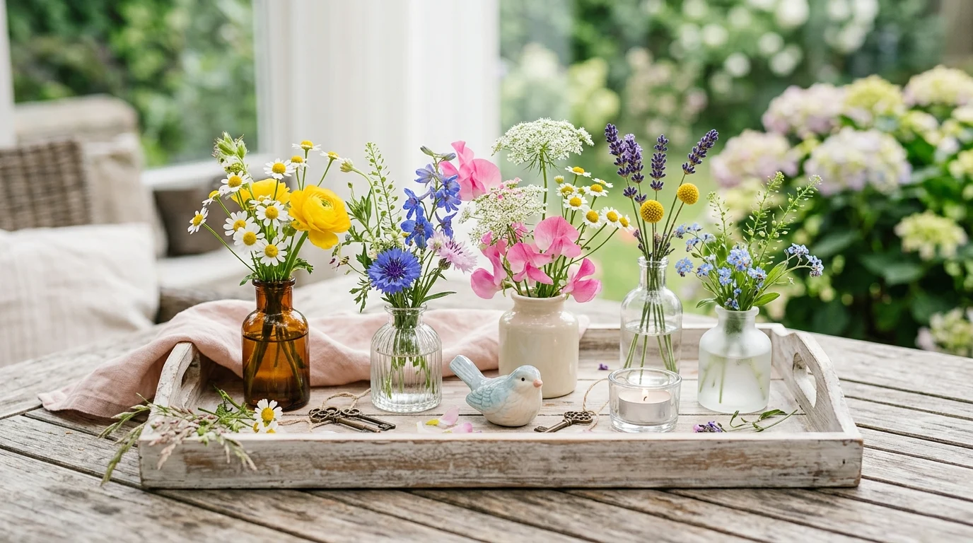 Floral summer tray with mini vases of wildflowers and pastel accents