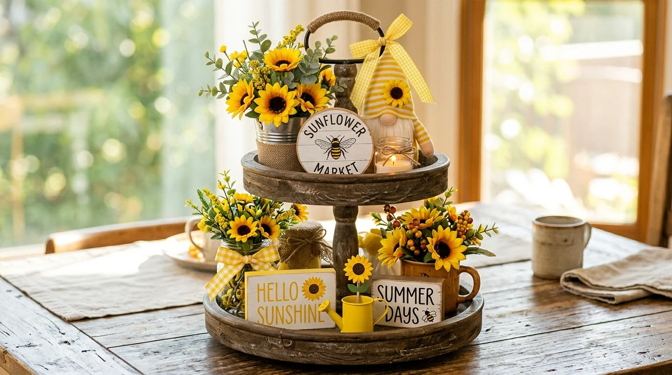 Sunflower themed tiered tray with yellow accents and rustic wood details