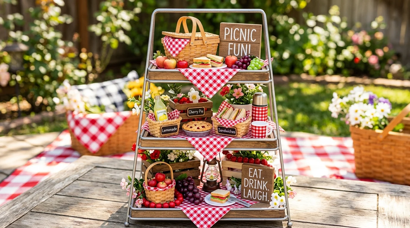 Picnic themed tiered tray with mini baskets, checkered patterns, and tiny food props