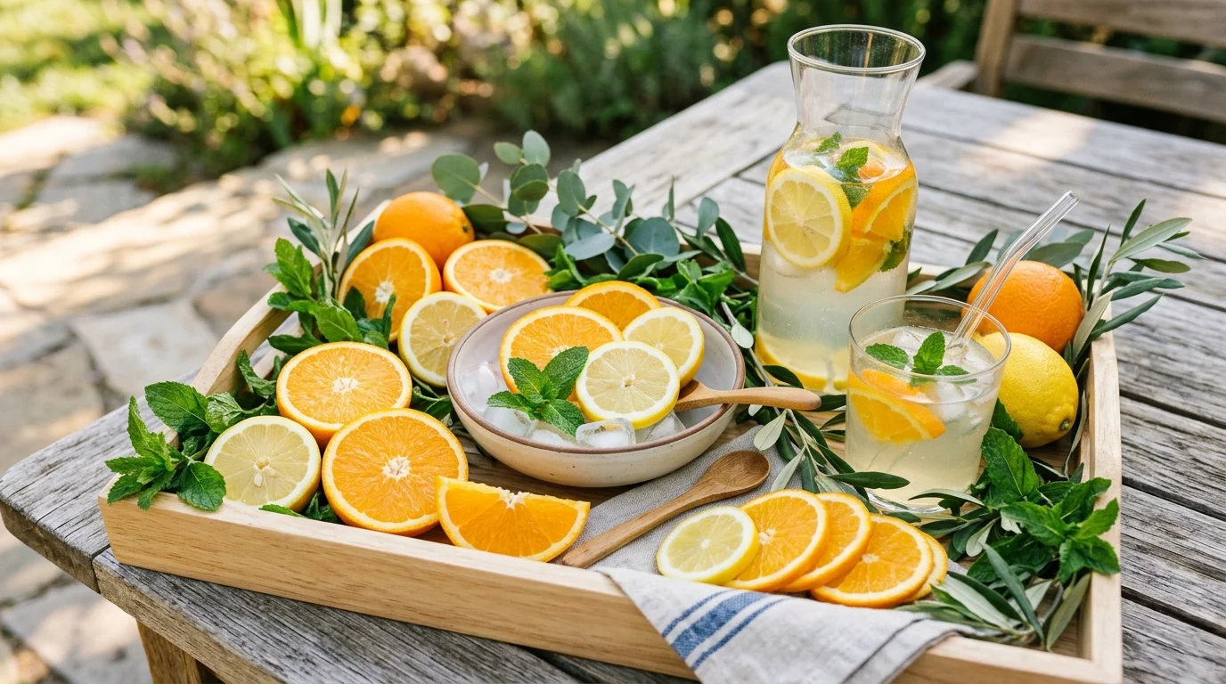 Citrus summer tray with oranges, lemons, greenery, and vibrant palette