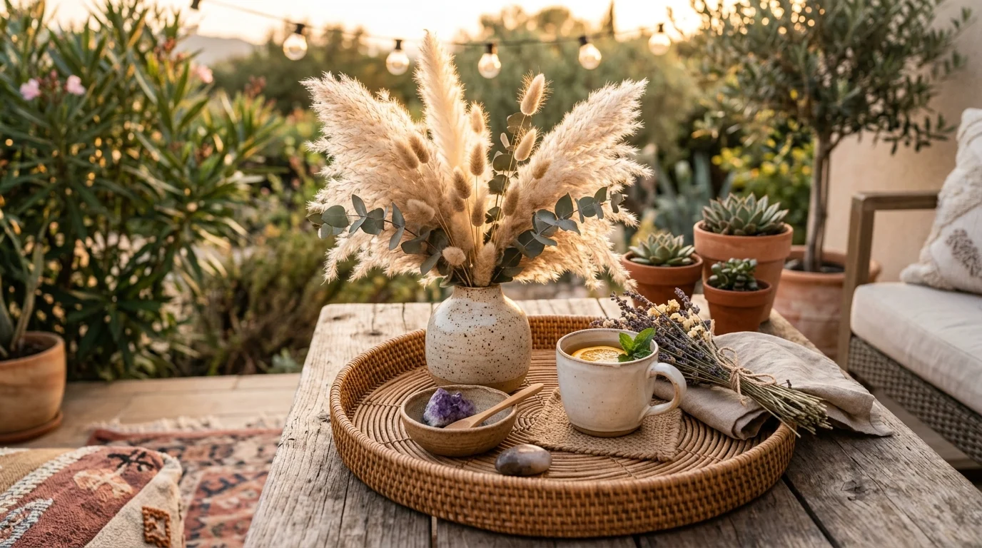 Boho summer tiered tray with woven textures, pampas grass, and neutral earthy decor