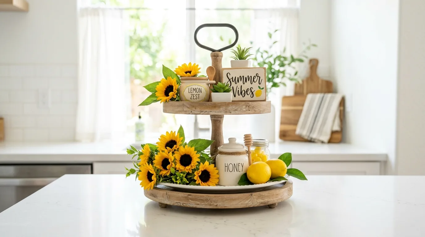 Summer tiered tray decorated with sunflowers and lemon accents
