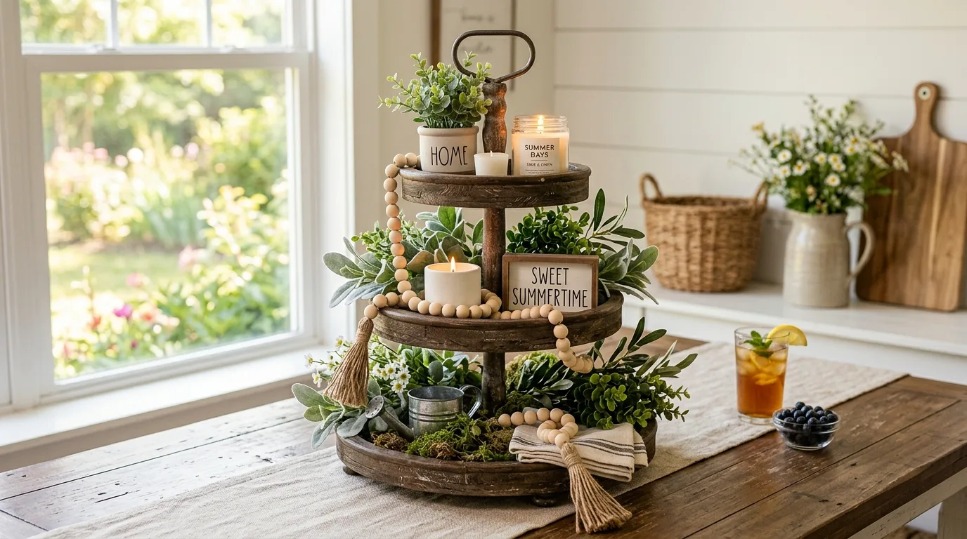 Rustic wooden tiered tray decorated for summer