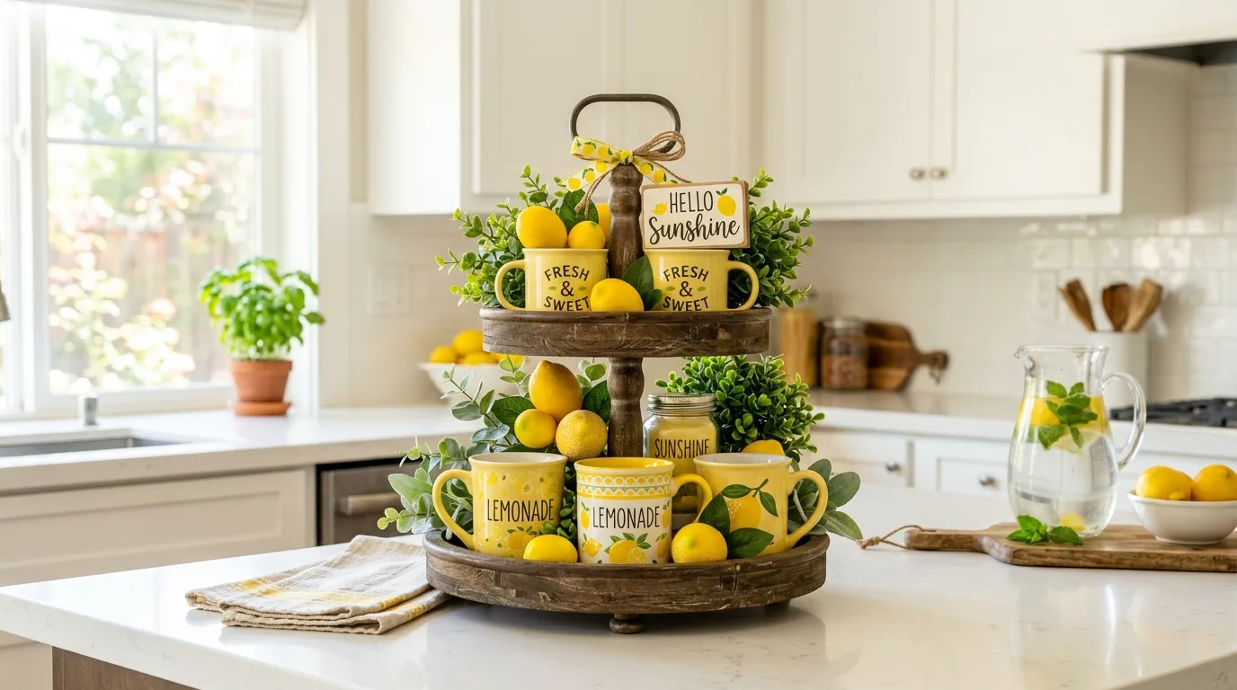 Lemon-themed tiered tray on a white kitchen counter