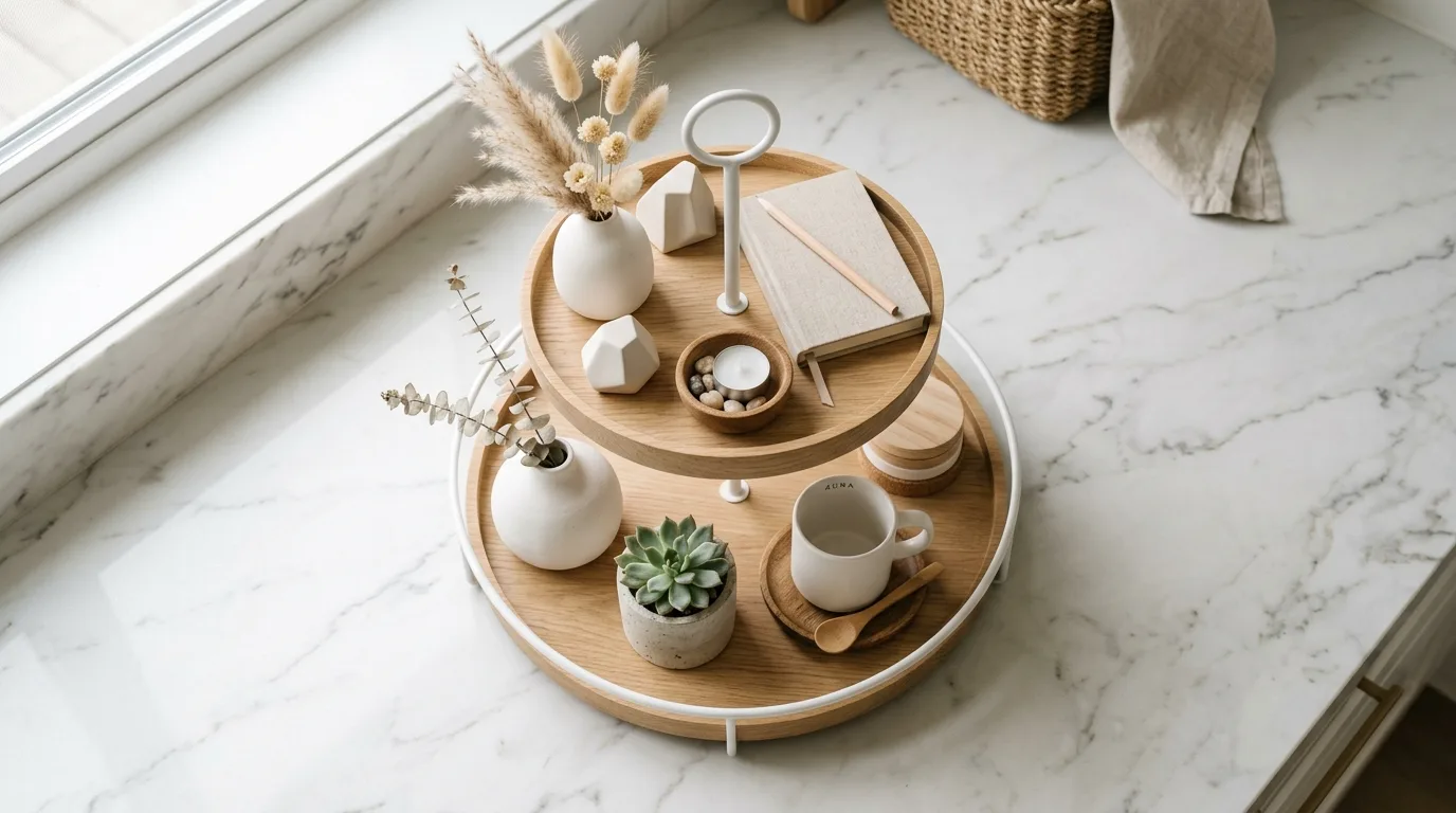 Minimal neutral summer tiered tray decor