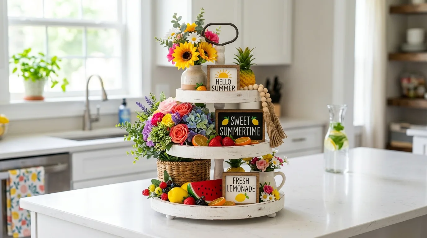 Colorful floral summer tiered tray