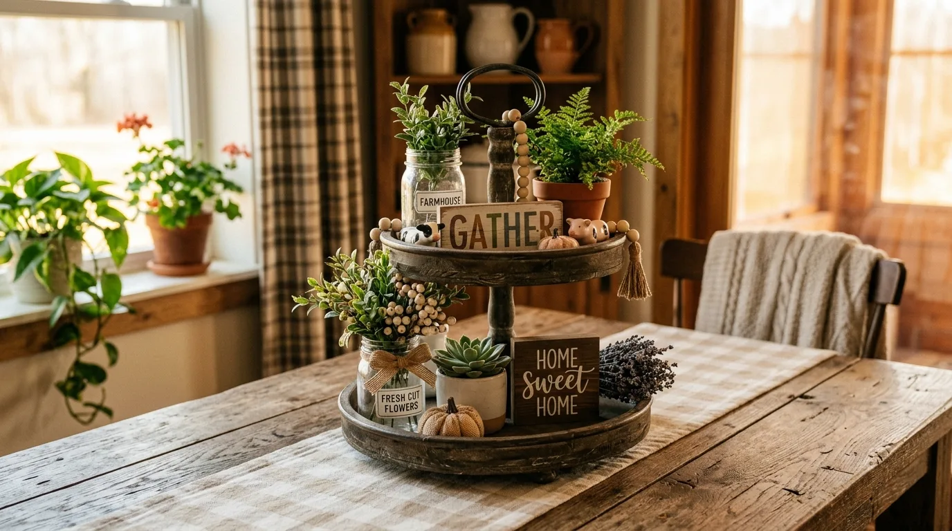 Farmhouse summer tiered tray with mason jars