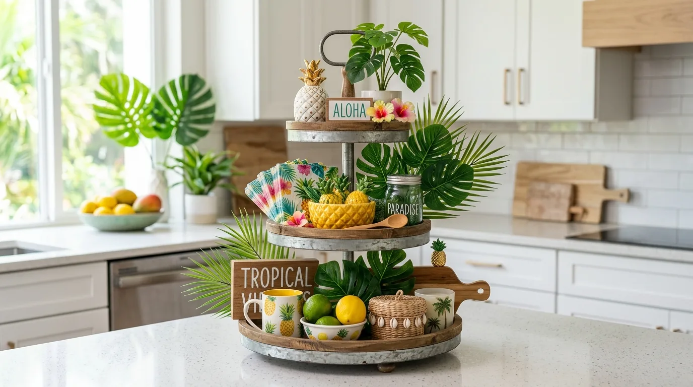 Tropical-themed summer tiered tray